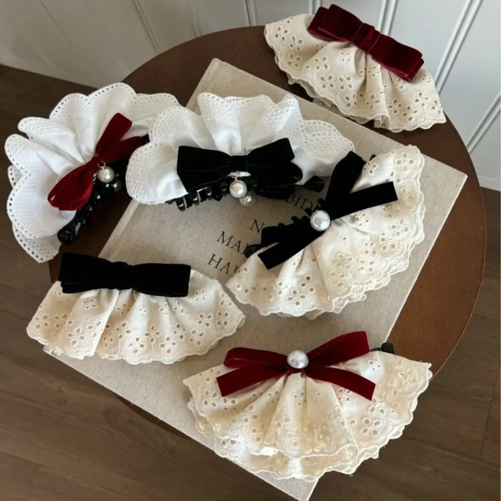 

Elegant Cloth Red Velvet Bow Hair Clip Pearl Hair Clips Bowknot Banana Clip Vintage Style Korean Style Lace Bow Hairpin Women