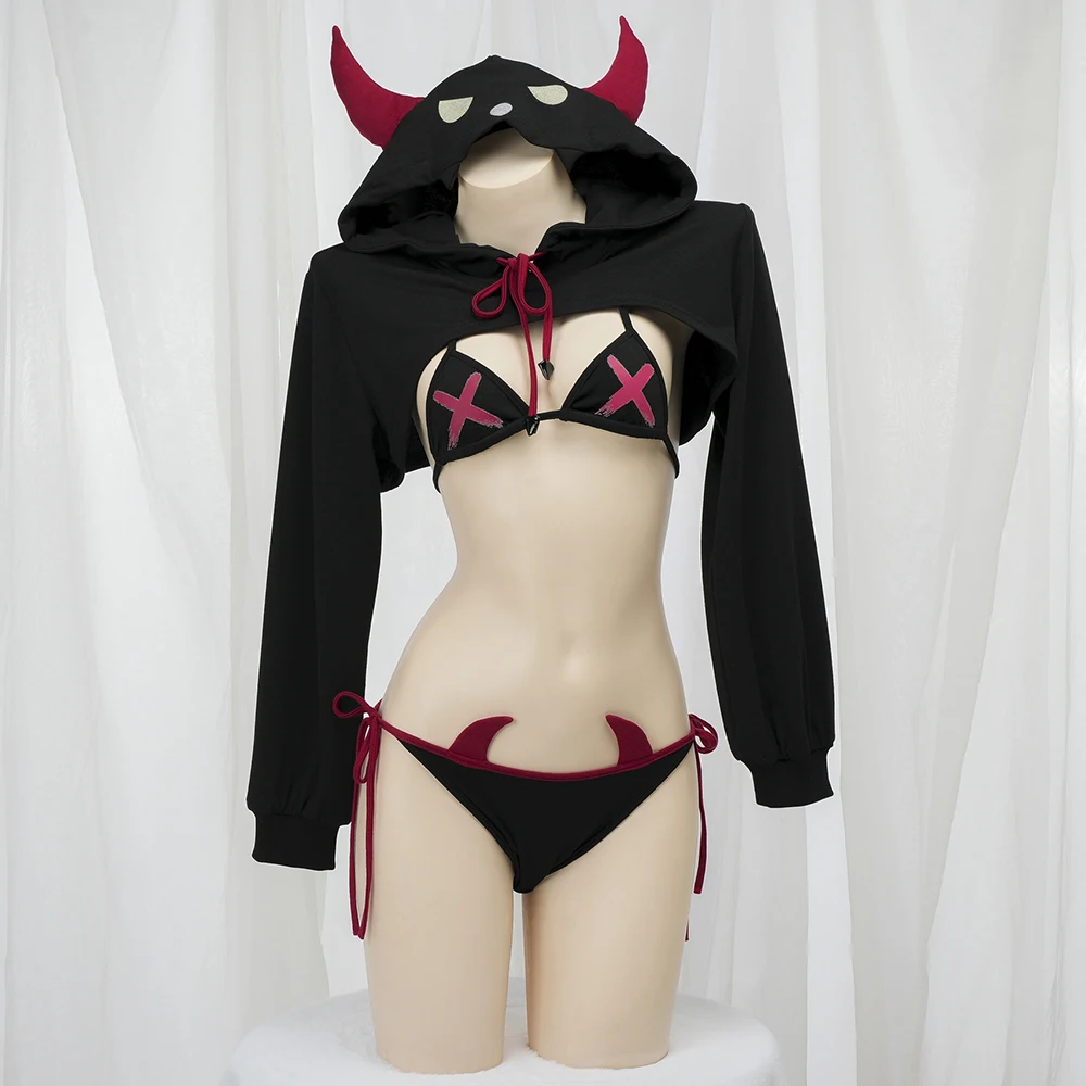 

Sexy Devil Cosplay Lingerie Women Black Bikini Hooded Horn Cloak Outfits Anime Demon Nightclub Uniform Halloween Costume