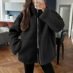 Black Oversize Casual Double Zip Stand Collar Sweatshirts Autumn Winter Warm Wool Lamb Outwears Coat Fuzzy Fleece Jacket Pockets