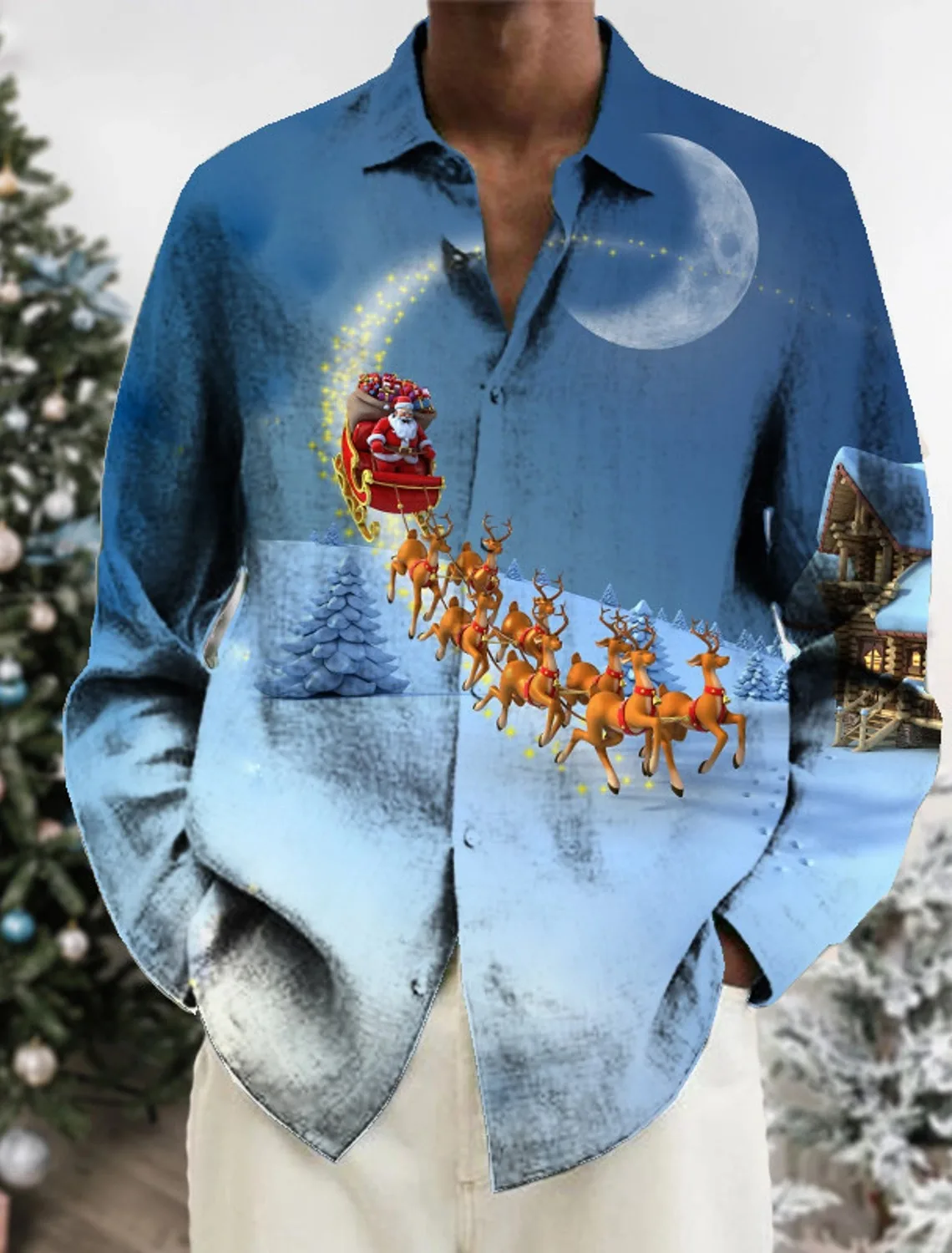 Men Turn‑Down Collar Long Sleeve Button‑Up Shirt Christmas Winter Scene Full Print Holiday Party Casual Top