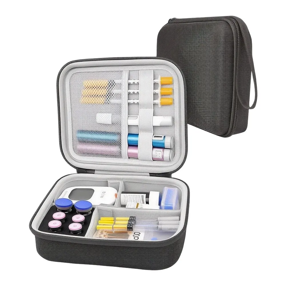Diabetes Travel Bag with Adjustable Compartments for Insulin Pens Test Strips Glucose Meter Compact 22x17x8.5cm EVA Construction