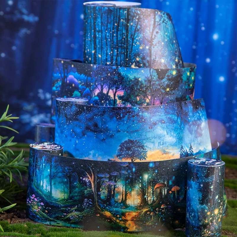 6 Gulungan/Paket Selotip Washi - 8Cm×200Cm - Pola Hutan Langit Berbintang Ajaib, Warna Cerah, Perekat Tahan Lama Cocok untuk Perencana, Jurnal, Botol Air, Kerajinan DIY, Dekorasi Hutan Ajaib, Dekorasi Gaya Alami, Kertas Berkualitas Tinggi, Stiker Dekoratif Eksklusif untuk Penggemar Buku Harian