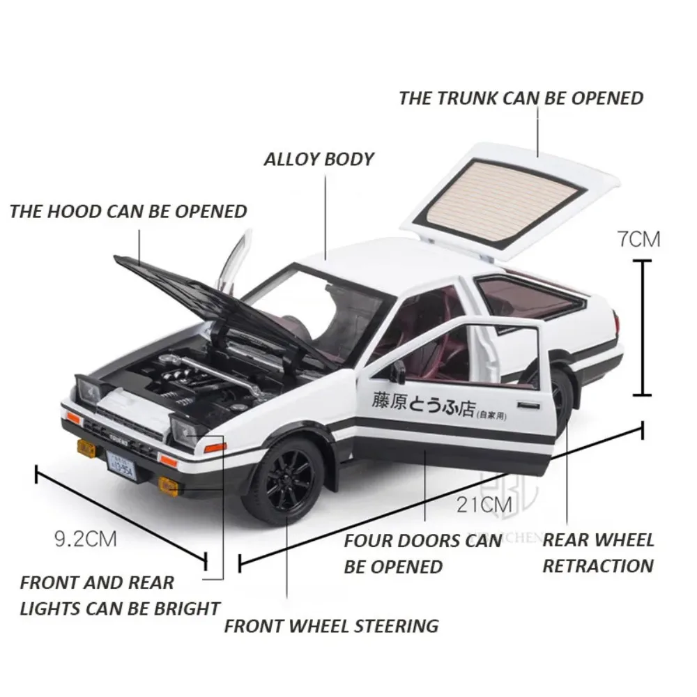 1:24 도요타 AE86 합금 럭셔리카 로고 모델 다이캐스트 장난감, 사운드 라이트 풀 백 도어 오픈, 슈퍼 레이싱 장난감, 차량 컬렉션 선물