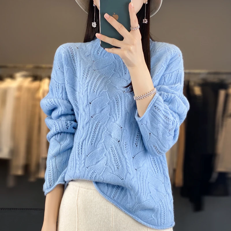 Women\'s Knitted Hollow Half High Collar Sweater, 100% Australian Wool Sweater, Slim Fit, Thin Style, Exquisite Style, Monochroma