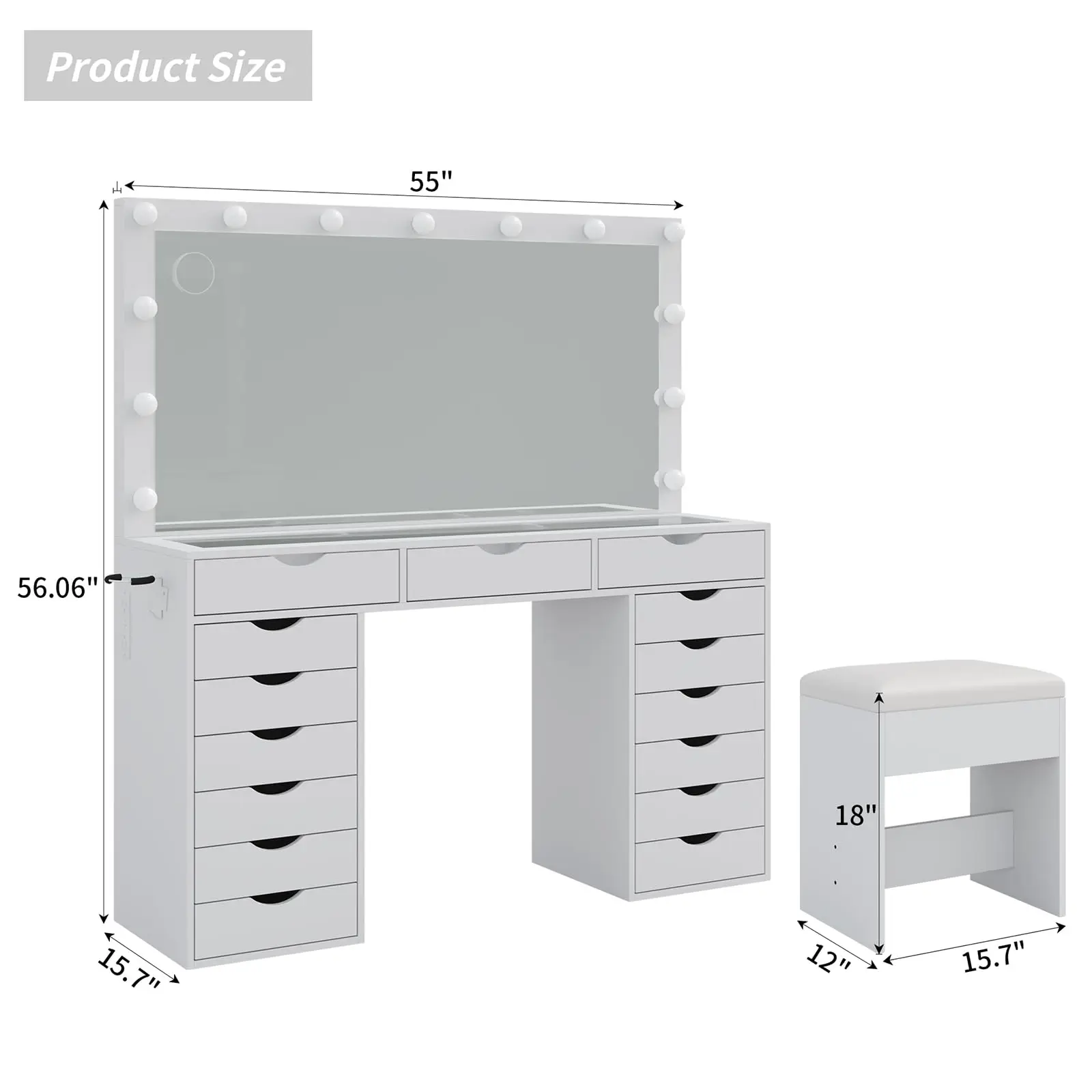 A 55-inch wide dressing table with 3 adjustable modes for the power socket, lighting mirror, and 15 drawers, including a chair.