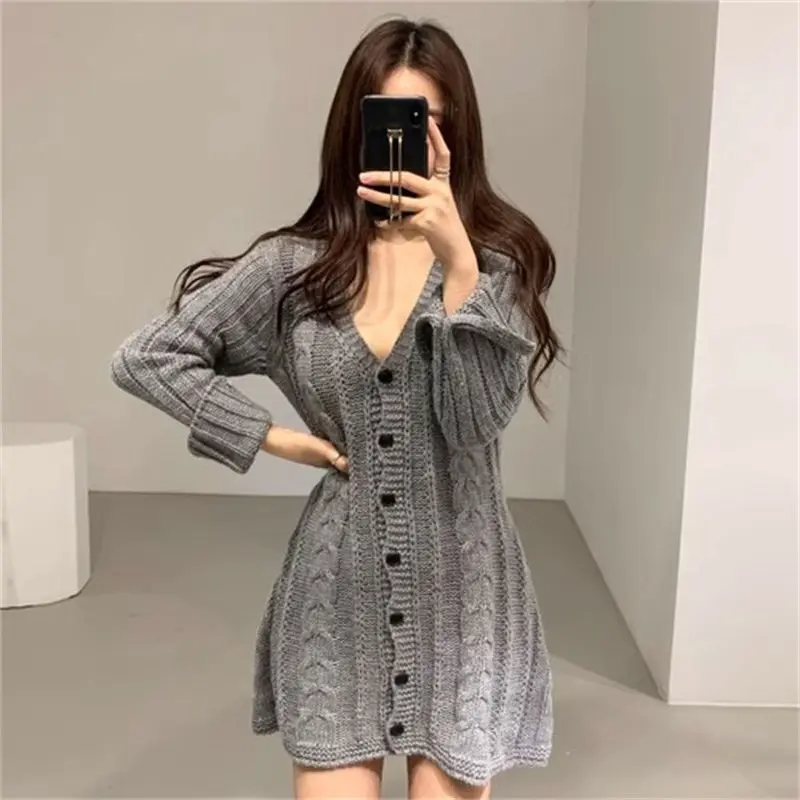

Elegant Autumn Winter New Single-Breasted Cable Knit Sweater Dress Slimming Long Sleeve Sweater