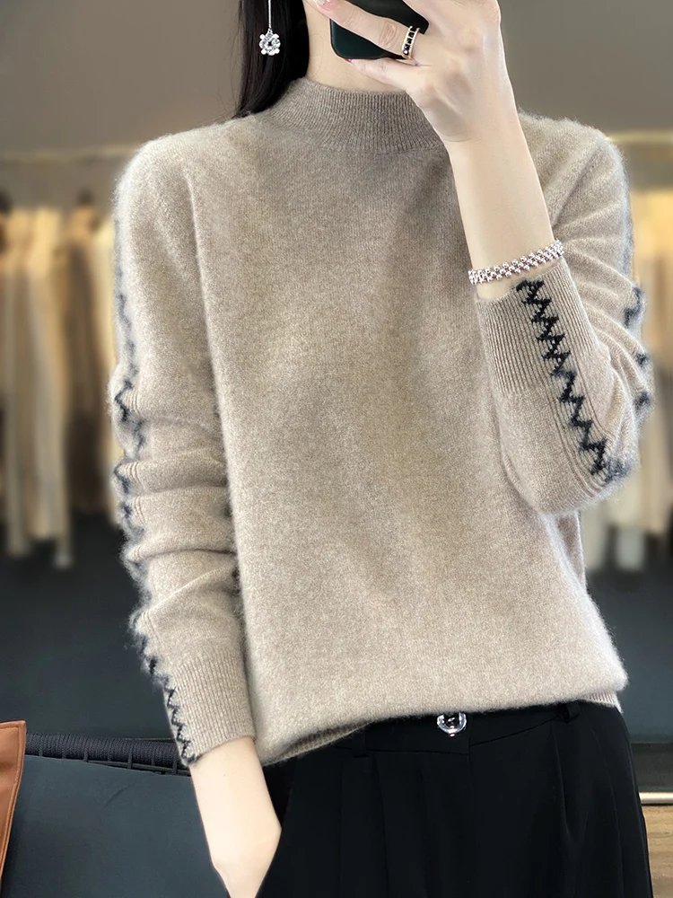 

2024 New Women Cashmere Sweater 100% Merino Wool Pullover Mock Neck Jumper Autumn Winter Soft Warm Knitwear Quality Tops Clothin