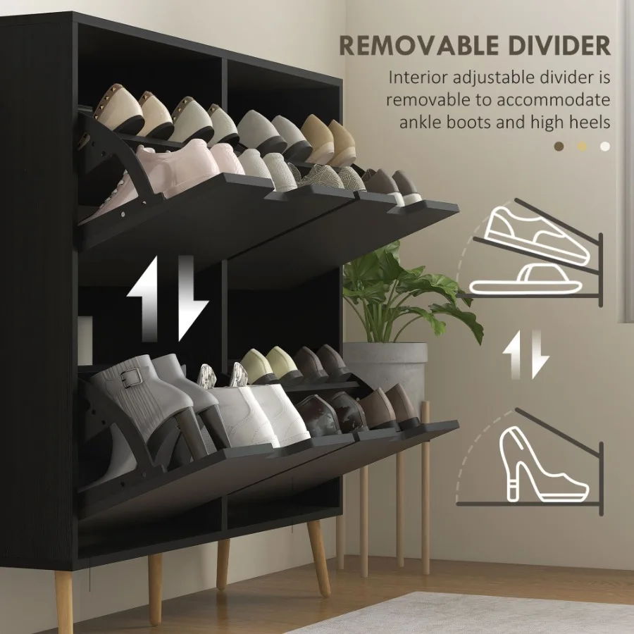 خزانة تخزين الأحذية مع 4 أدراج قابلة للطي وخزانة أحذية ذات رف قابل للتعديل لـ 8-16 زوجًا من الأحذية باللون الأسود #5