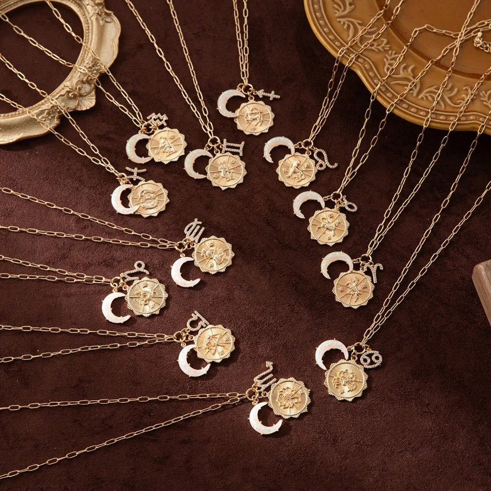 

Light Luxury 12 Constellation Necklace Crystal Moon Sun Collarbone Chain Women Vintage Neck Jewelry Bohemian Golden Necklace