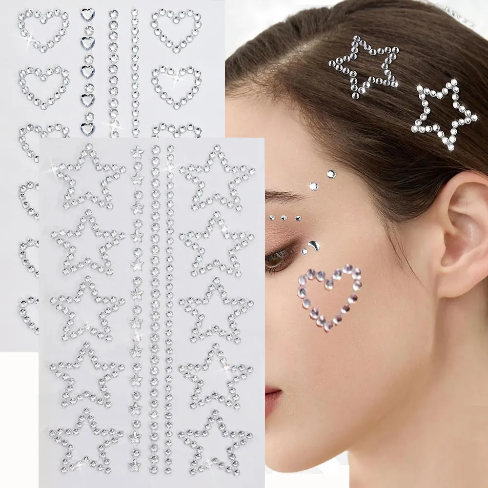 

3D Self Adhesive Clear Heart Star Gems Face Sticker 9*14cm Stick on Face Rhinestones Jewel Stickers Face,Eye,Body,Nail Crafts De