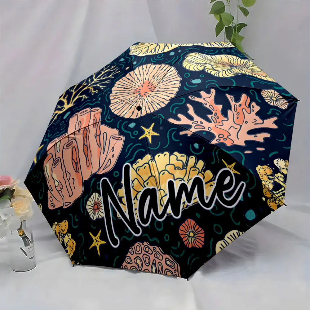 Custom Name Underwater-Themed Artistic Umbrella Design 8 Iron Ribs Folding Umbrella Auto-Open Fashionable Sunshade Deluxe Gift