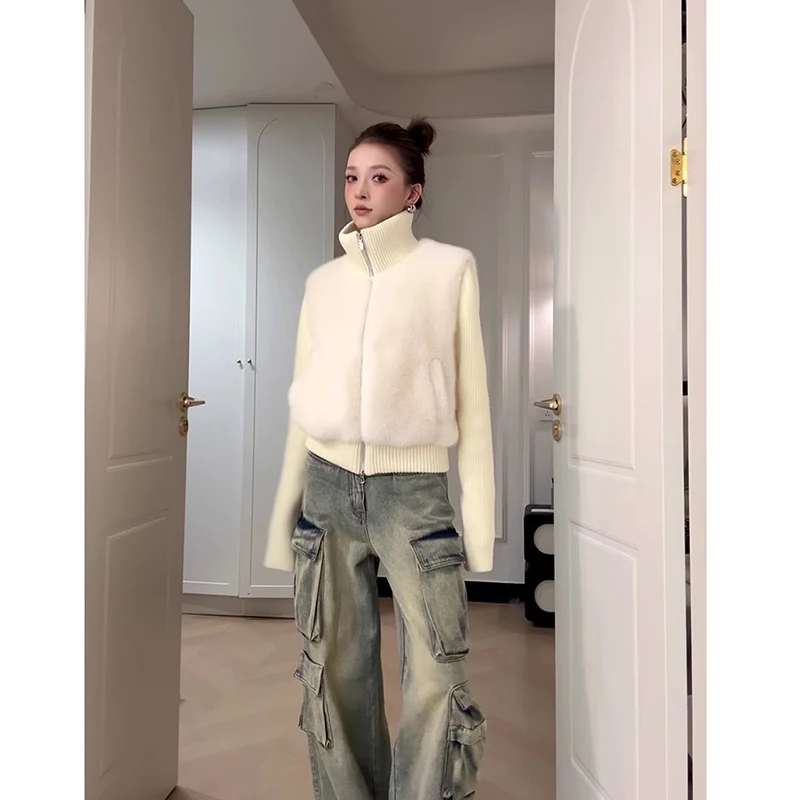 Outono inverno ort malha pele de esquilo jaet feminino quente outerwear branco retalhos design comute sle fibra de poliéster