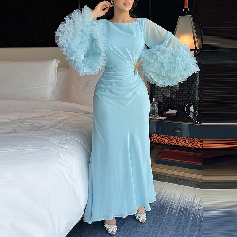 Women's Party Robe Elegant Slimming Long Dress Spring Round Neck Solid Color Bohemian Dress Autumn Horn Sleeve Ruffle Long Dress