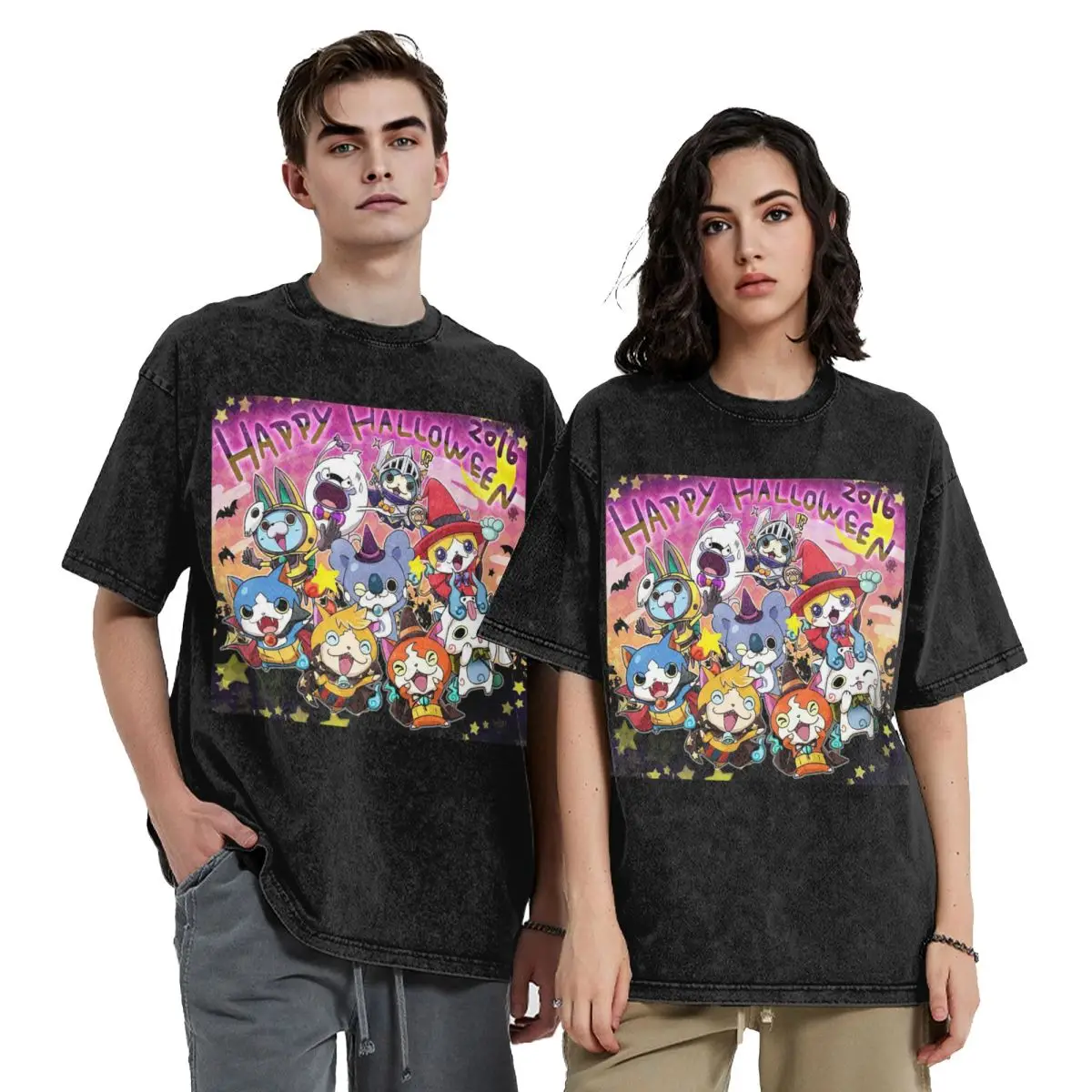 Yo-Kai Watch Cartoon Game Washed T Shirts Vintage Short Sleeve Hip Hop T-Shirt Streetwear Tops Tees for Men Women