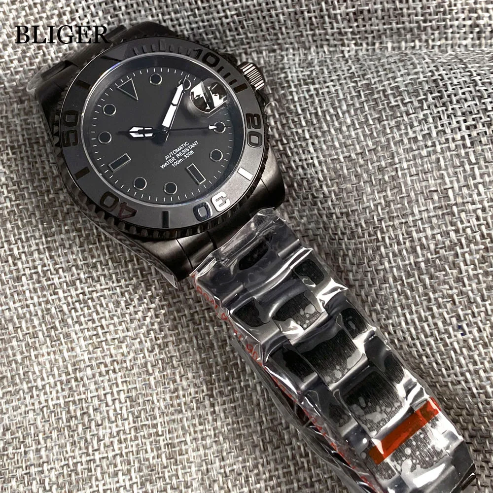 BLIGER 100M Waterproof NH35A PT5000 Movement Automatic PVD Watch For Men Brushed Ceramic Insert Stainless Steel Strap Glide Lock