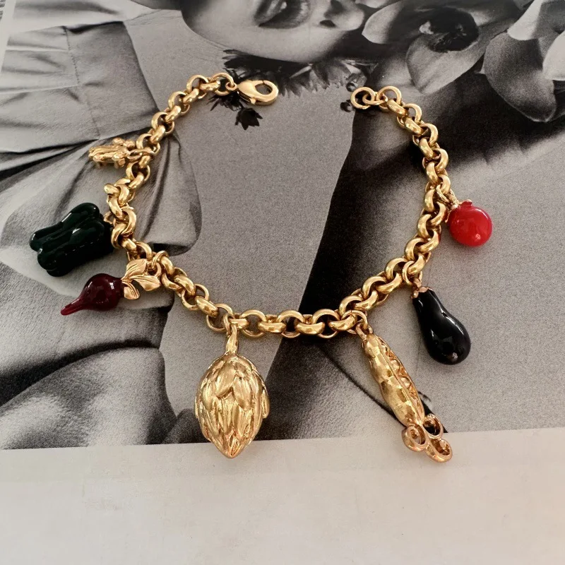 

VKVVA Fashion Jewelry Vintage Colorful Enamel Tomato & Pea Charm Bracelet for Women Birthday Gifts, Unique Gift