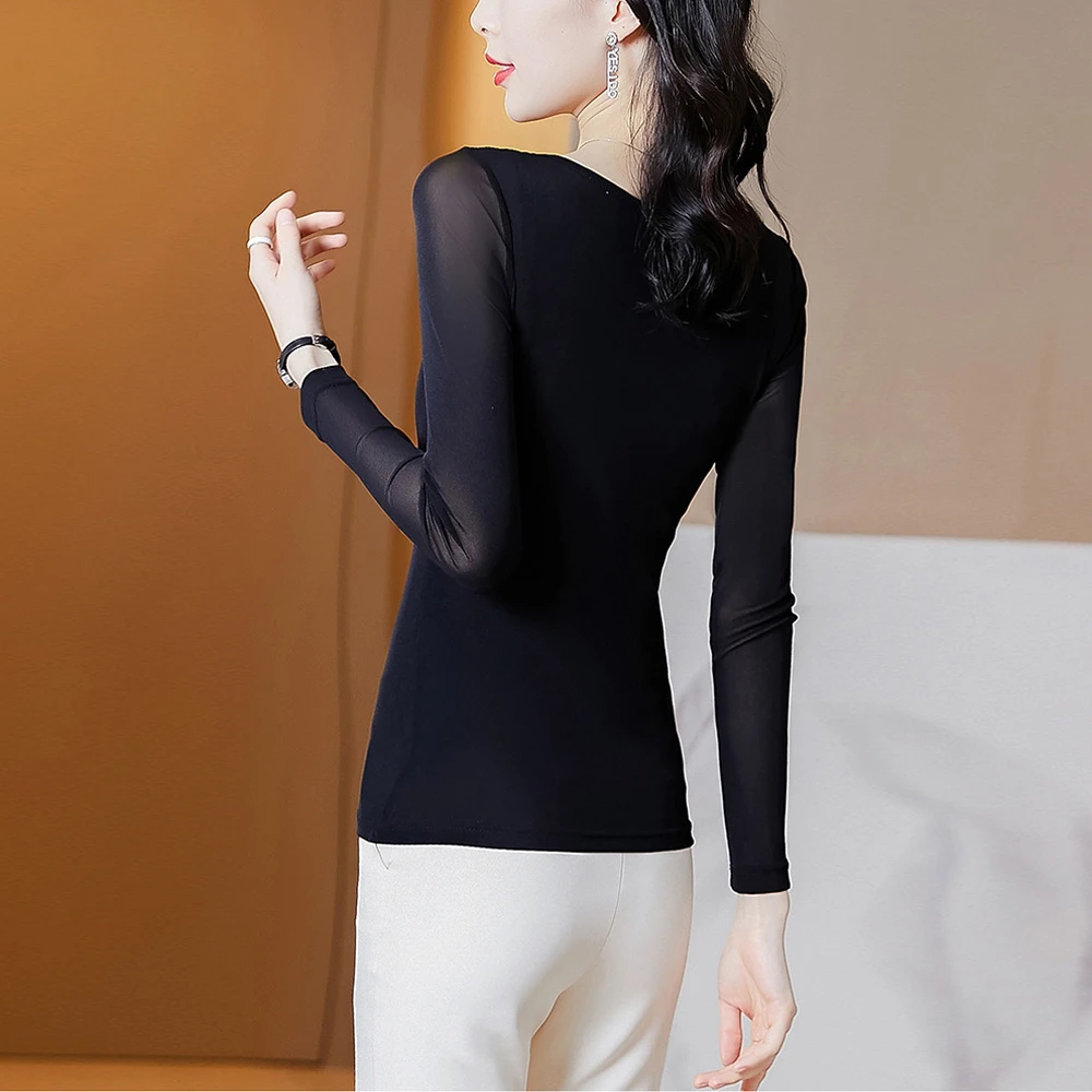 Women's New Mesh T Shirt M-3XL Basic O-neck Full Sleeve Shirt Women Slim Stretch Female Bottoming Blouses Red Ladies Sexy Tops image 5
