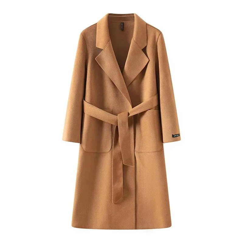 Autumn Winter Women Long Woolen Coat New High End Elegant Double-sided Big Lapel Collor Loose Wool Overcoat Belt Jacket