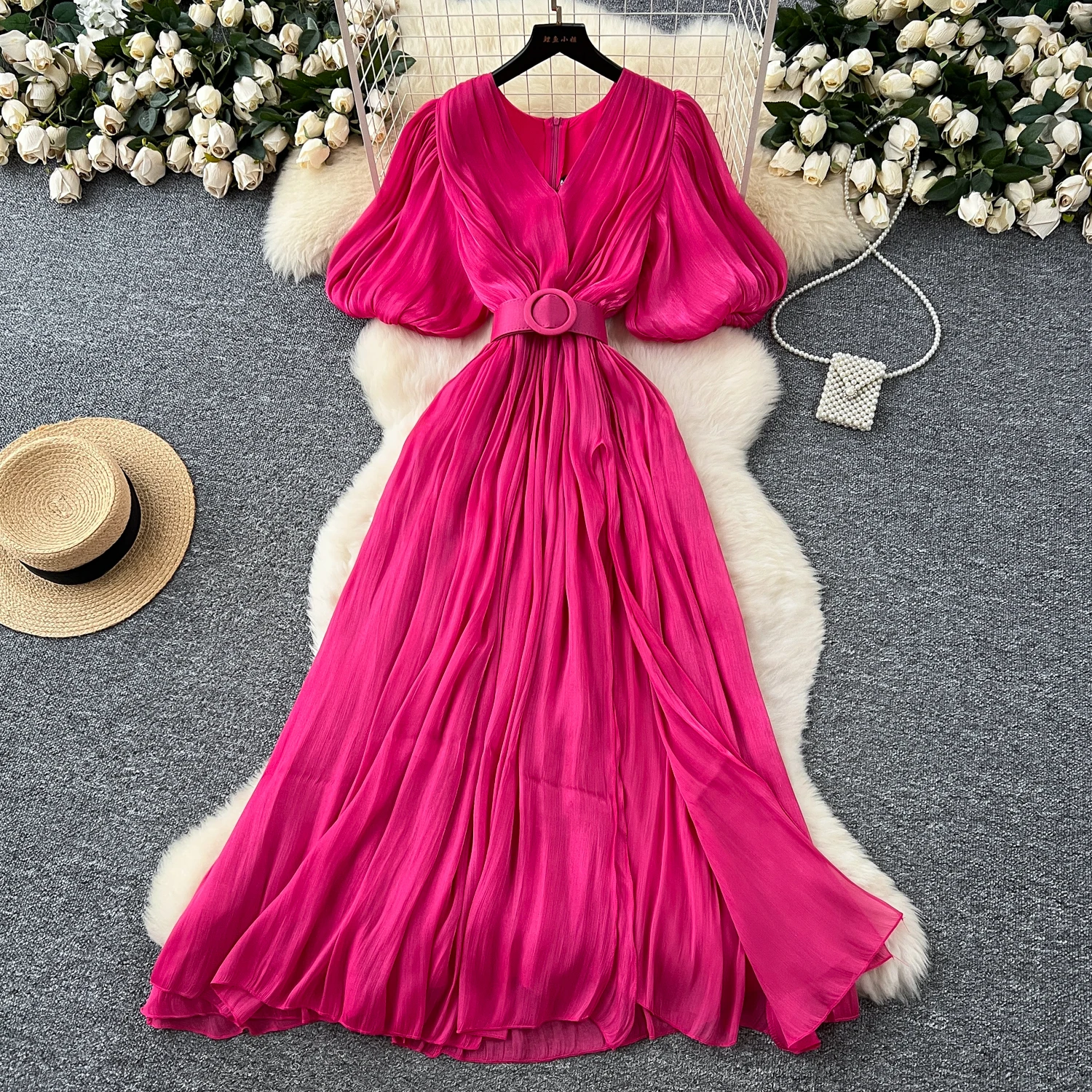 

Роскошные винтажные элегантные однотонные вечерние длинные платья для женщин с v-образным вырезом и короткими пышными рукавами, высоким поясом и разрезом, вечернее платье женское