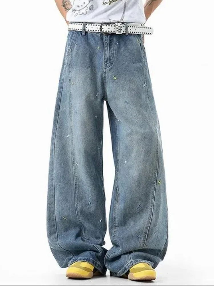 Men's Niche Vintage Washed Jeans Lightning Embroidery Patchwork Denim Trousers Summer New Straight Wide Leg Pants ITF7