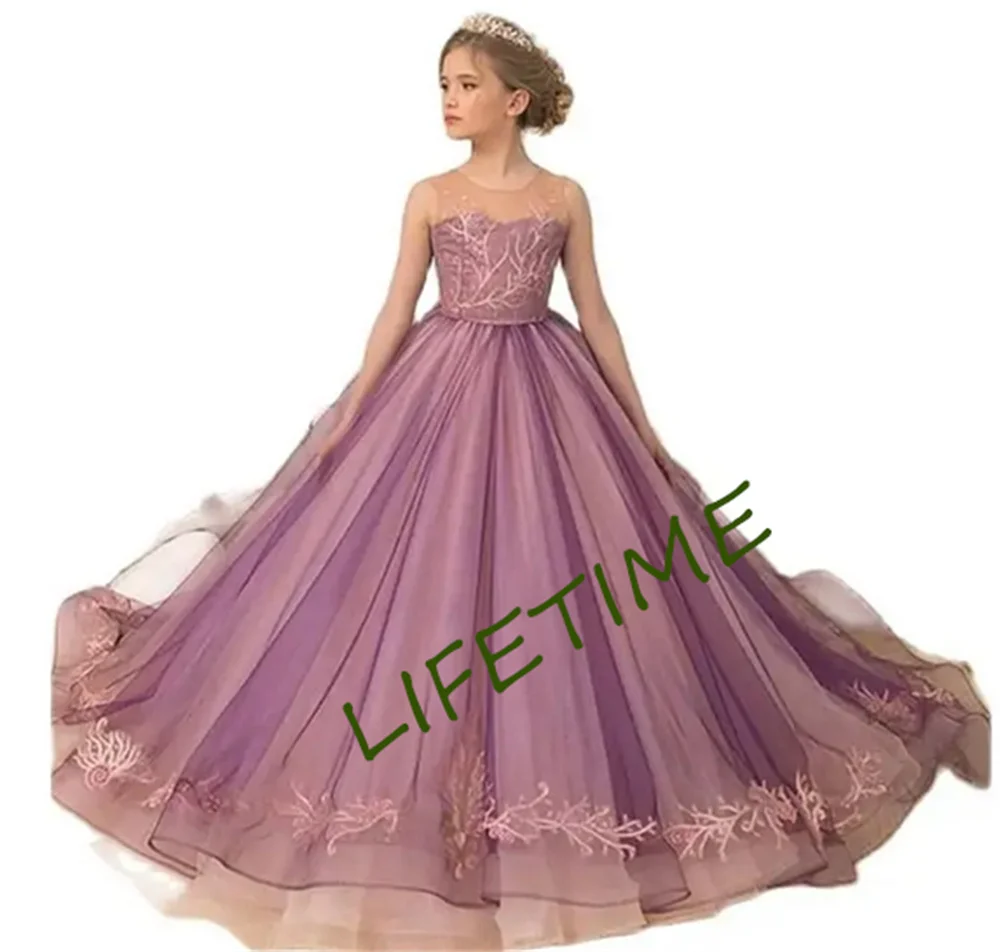 

Purple Flower Girl Dress For Wedding Tulle Applique Lace Fluffy Sleeveless Princess Birthday Party First Communion Ball Gowns