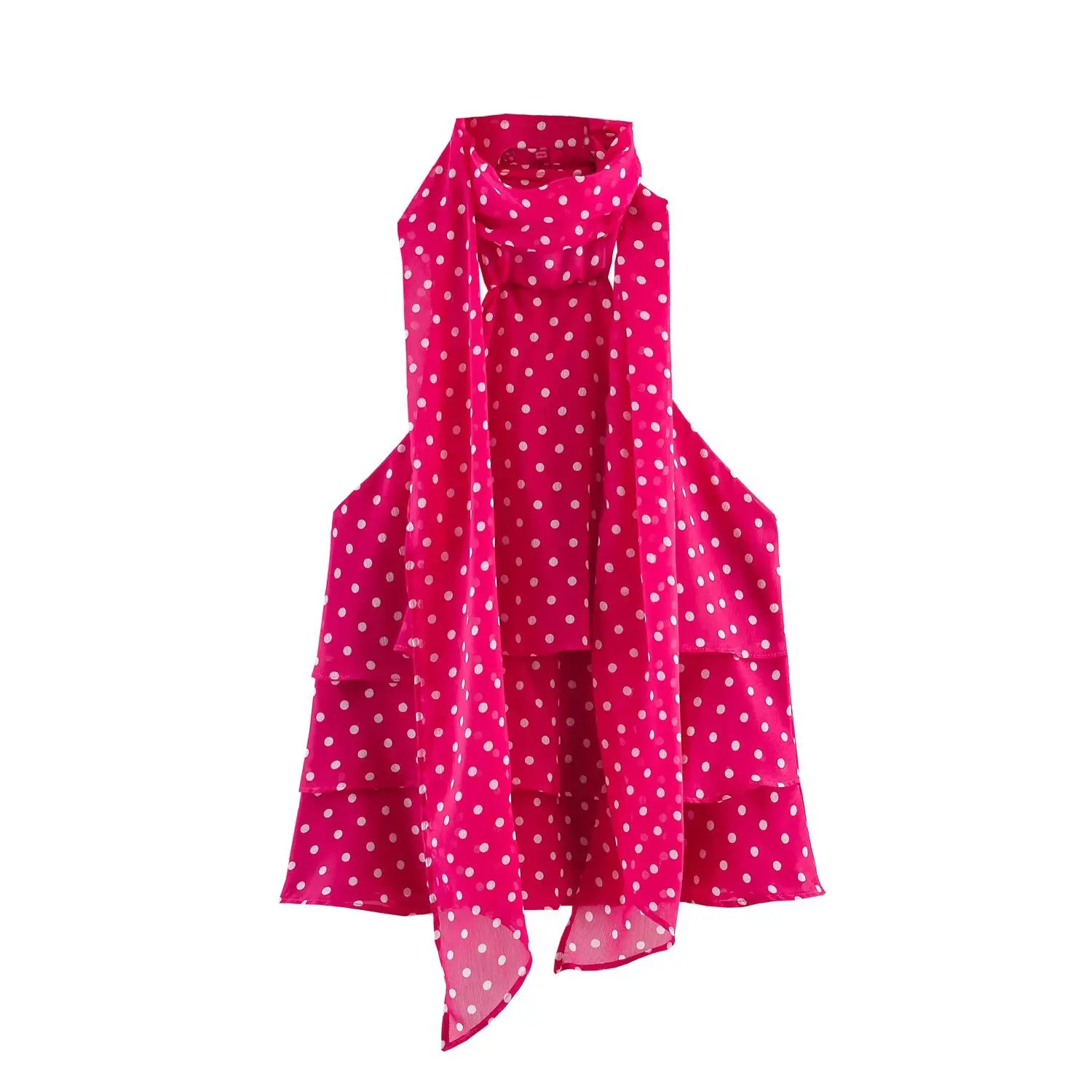 Dave&Di Summer New European And American Style Women's Clothing Backless Wave Dot Layered Decoration Hanging Neck Collar Top