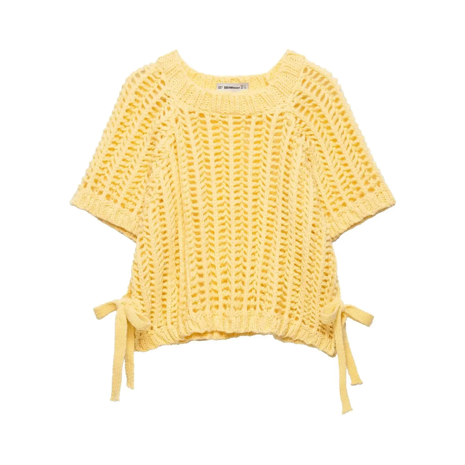 

2025 Hollow Out Knit Pullover Women Casual Round Neck Lace Up Bow Sweater Female Autumn Short Sleeves Solid Knitwears Lady