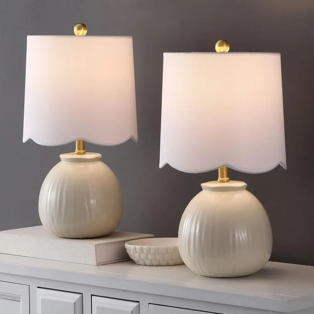 

White Ceramic Table Lamp Set of 2, 20 Decorative Accent Lights with Fabric Shades, E26 Bulb Compatible