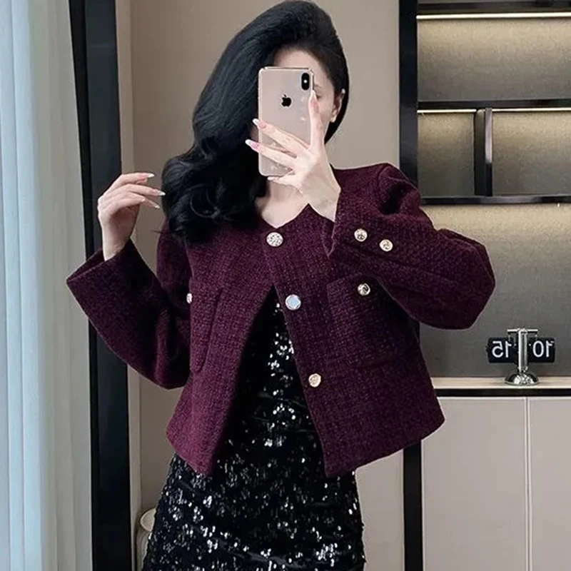 New Autumn Winter Women Tweed Coat Korean Fashion Single Breasted Cropped Jacket Woman Elegant Loose Short Outerwear Clothes