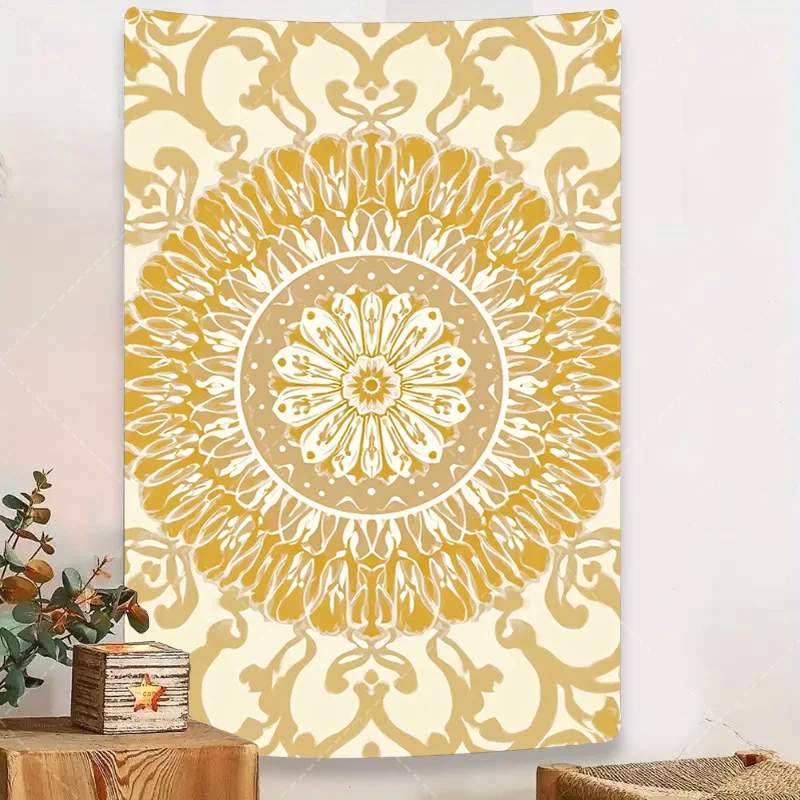 قطعة واحدة من نسيج الحائط بوهو شيك ماندالا - معلق على الحائط باللون الذهبي والكريمي لديكور المنزل #1