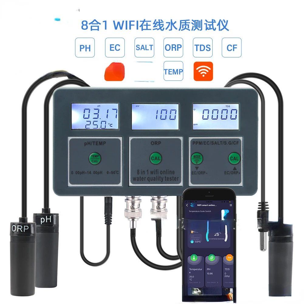 WiFi 8-in-1 Online Water Quality Tester PH CF ORP Salinity Seawater Fish Tank Water Quality Tester