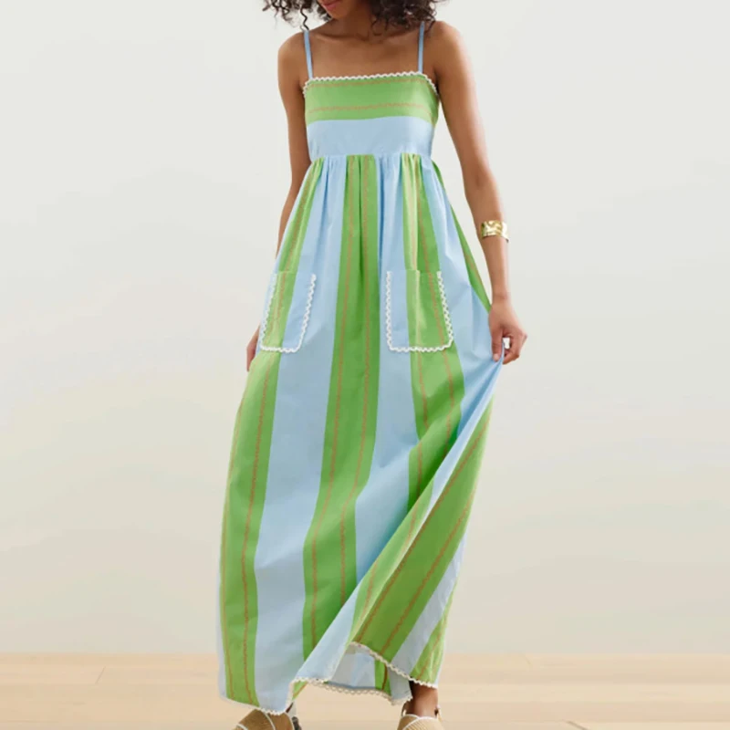 Abito lungo da spiaggia con tasca verde con spalle scoperte Abito estivo plissettato senza maniche casual Abbigliamento da donna Abito da vacanza stampato a righe