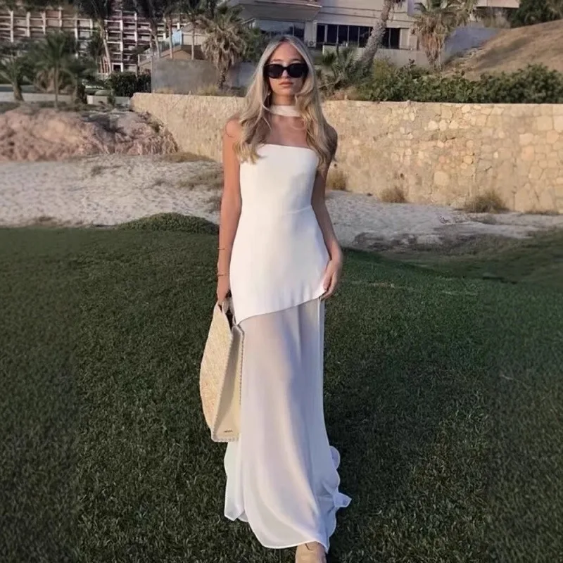 

Elegant Women's Strapless Ribbon Long Dress Vintage Mesh Patchwork Corset Maxi Dresses Summer Evening Wedding Guest White Yellow