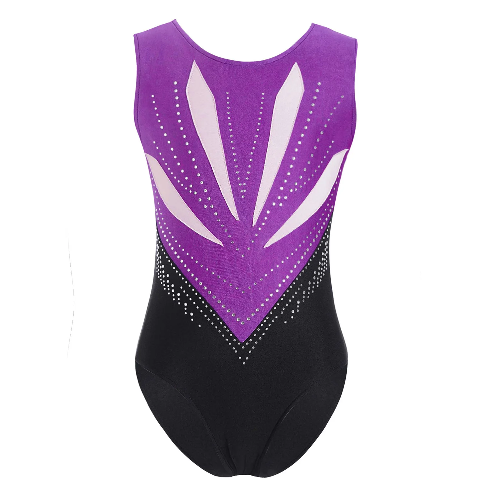 Kids Girls Rhythmic Gymnastics Ballet Leotard Figure Skating Costume Dance Wear Bowknot Cutout Back Sparkly Rhinestones Bodysuit