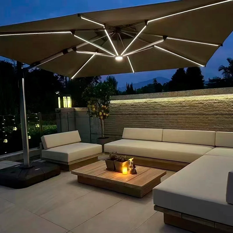 L Factory Wholesale High-end Modern Outdoor Sun Solar LED Light Umbrella 8 Ribs Aluminum Pole Polyester Fabric for Patio Garden