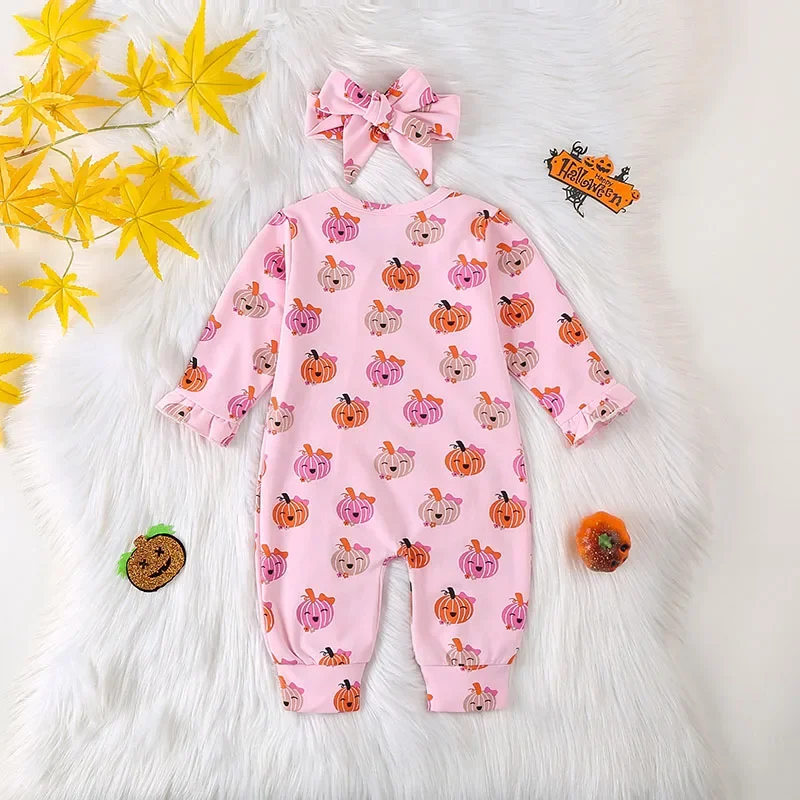 Baby Girls Halloween Romper Pumpkin Print Ruffles Zipper Long Sleeve Jumpsuits Headband Newborn Clothes 0-12M