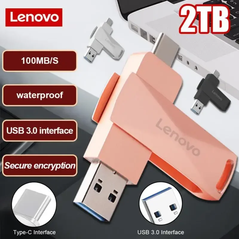 Lenovo-Type C USB Flash Drive, Disco de Memória, Pendrive, Disco de Memória, Chaveiro Livre para PC, OTG, 2 em 1, 128GB, 1TB, 2TB