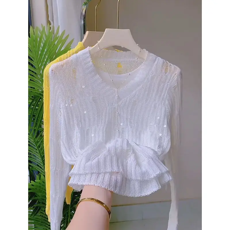 Women\'s Clothing Sexy Hollow Sequins Sweet Chic Basic Knitted Sweater Korean Fashion Solid V Neck Long Sleeve Slim Pullover Tops