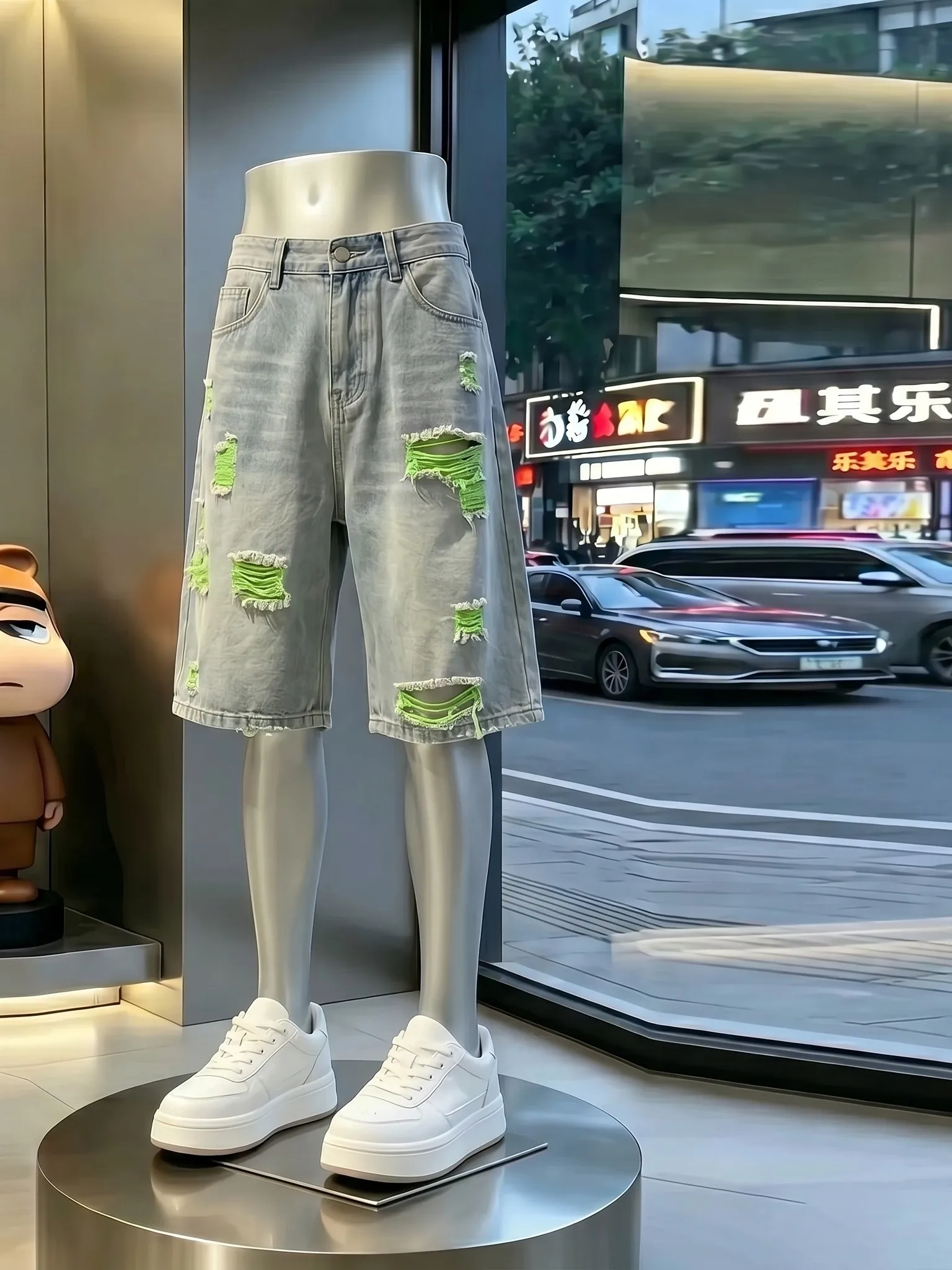 Retro American Washed Hole Short Pants Men Summer Design Straight Leg Couple Korean Style Five Parts Casual Loose Waist