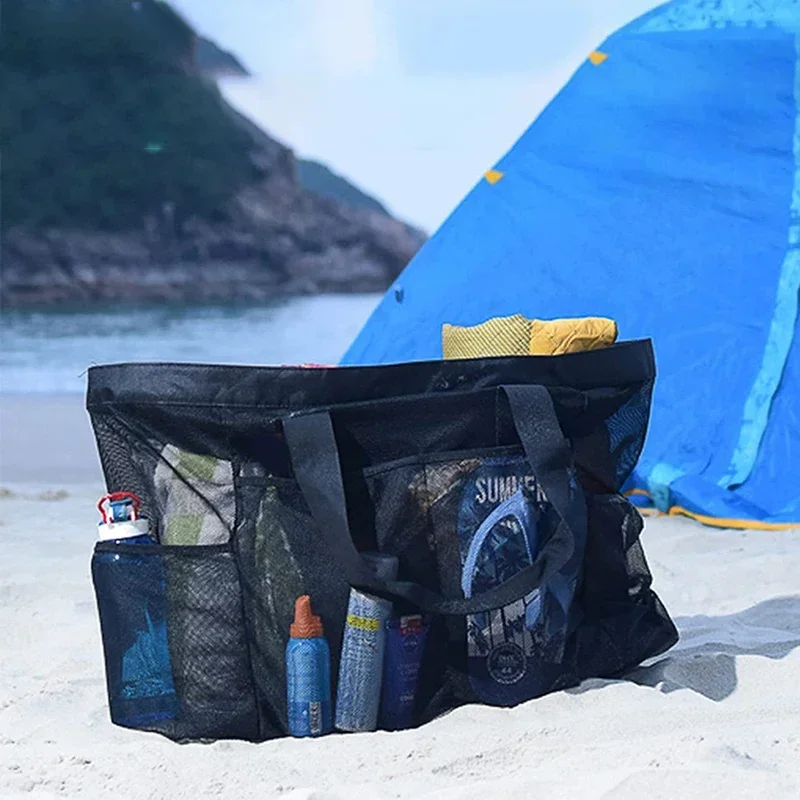 1 قطعة حقيبة حمل نزهة السفر اضافية كبيرة شبكة حقيبة شاطئية مع جيوب متعددة في الهواء الطلق Sprots رياضة السباحة حقيبة التخزين