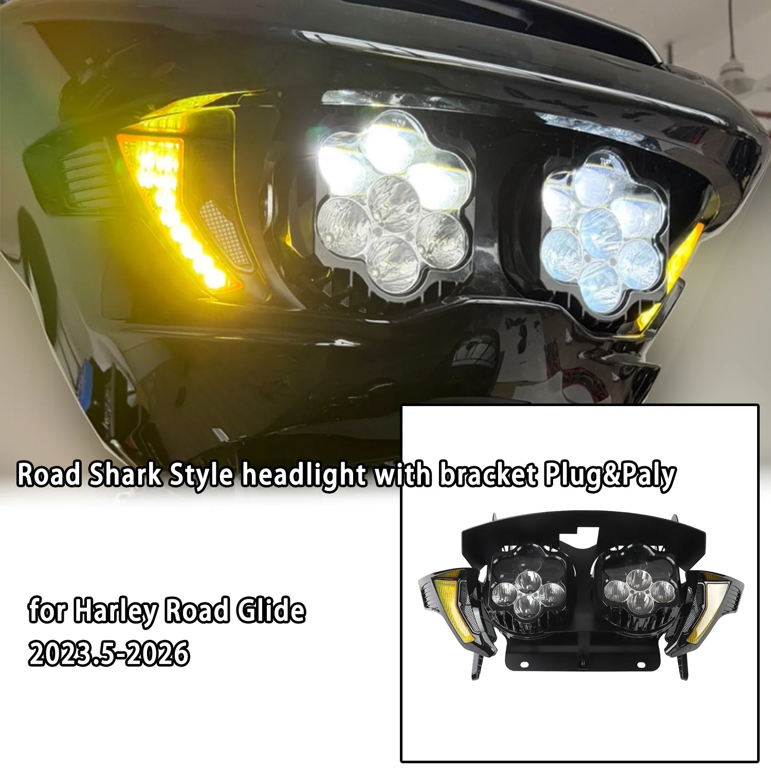 

Motorcycle Parts Road Shark Style Headlight with Bracket for Harley Road Glide 2023.5-2026 Plug and Paly