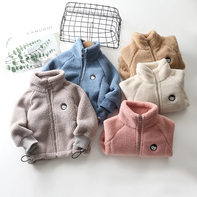 

Children's Polar Fleece Jacket Drawstring Stand Collar Fashion Kids Hooded Warm Coat Outerwear For Baby Boys Girls 2-10 Years