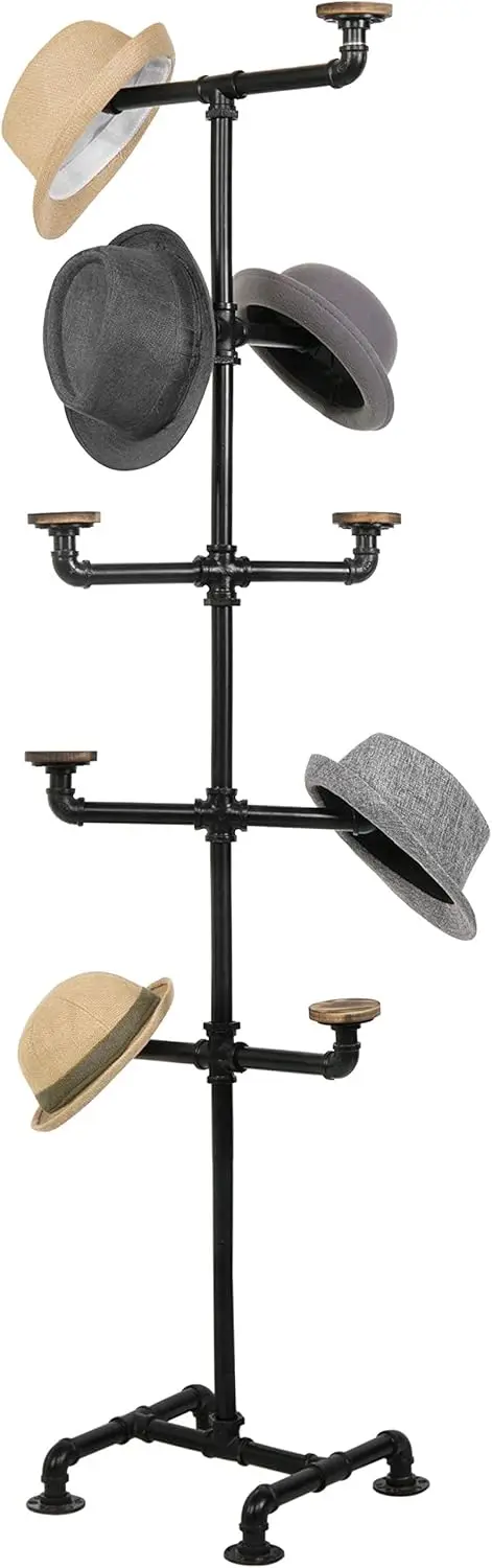 Industrial Black Metal Pipe Rack with 10 Round Rustic Burnt Wood Hat Hangers, Decorative Pipework Stand with Hooks for Ha