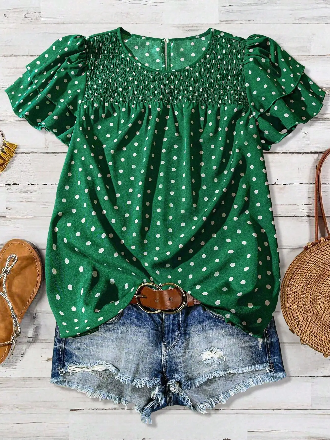 

Green Polka Dot Ruffle Puff Sleeve Casual Blouse