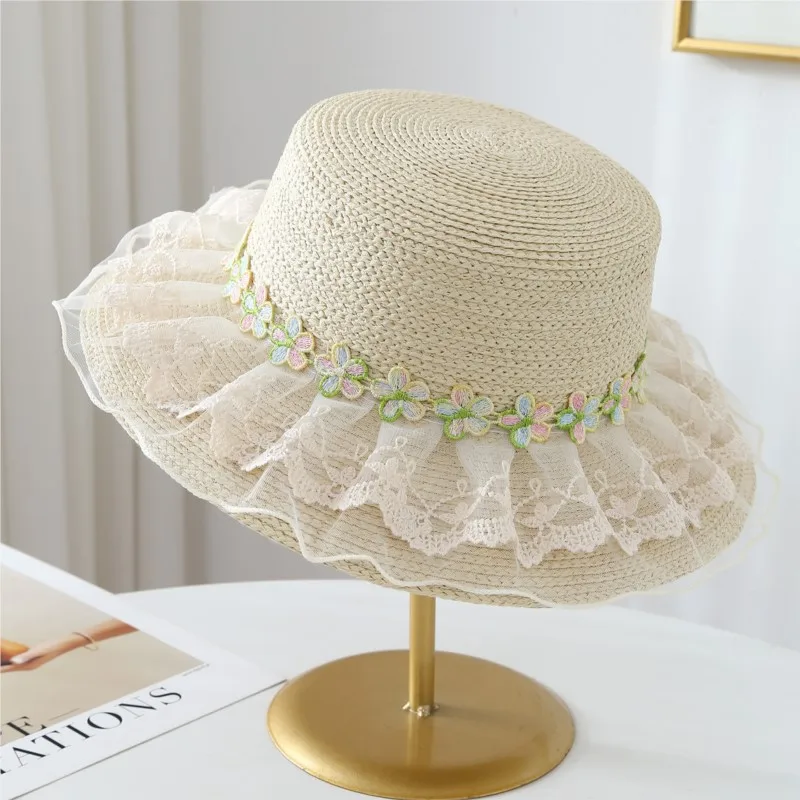 Lace fringe wide-brimmed fisherman's hat women's breathable sunshade knitted
