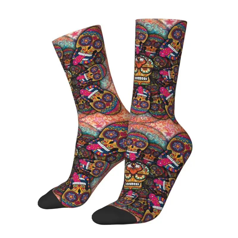 Kawaii Printed Crazy Sugar Skulls Socks for Women Men Stretch Summer Autumn Winter Mexican Day Of The Dead Crew Socks