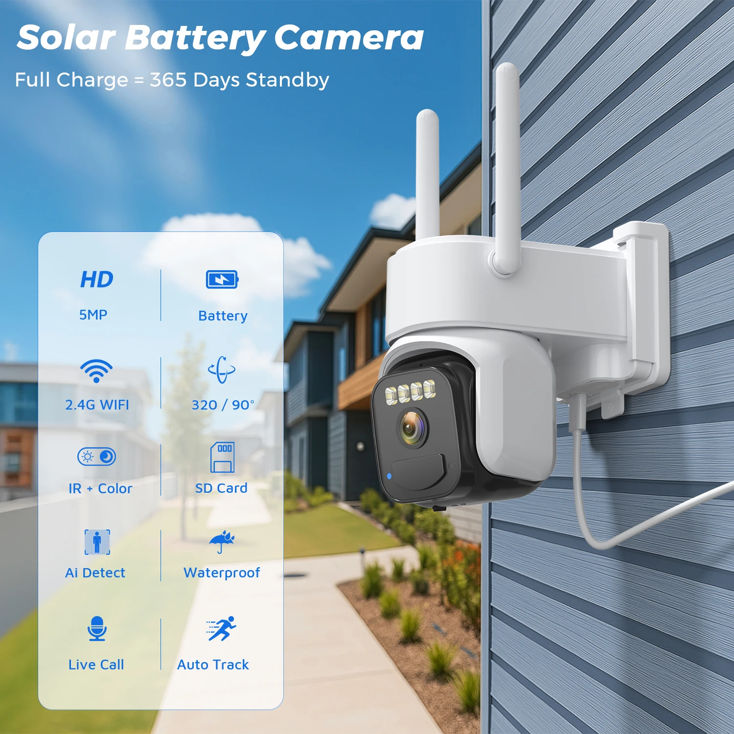 Solar 5MP Wireless Security Camera 360° PTZ 5X Zoom Two-way Audio PIR Human Detection Color Night Vision Built-in Battery O-KAM