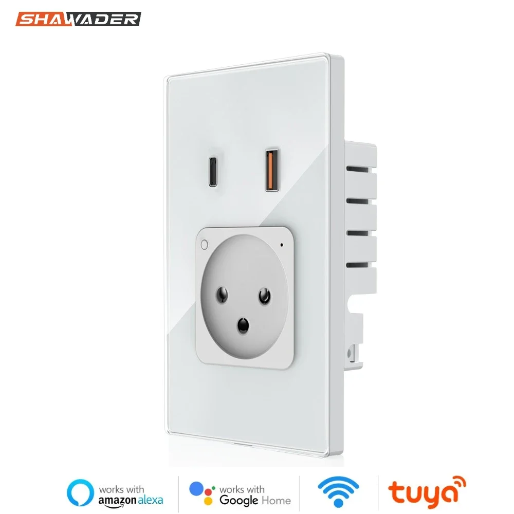 Shawader Israel Wall Socket USB Wifi Smart Plug Outlet Type-C PD 20W Charge Glass Panel App Remote Control by Alexa Google Home