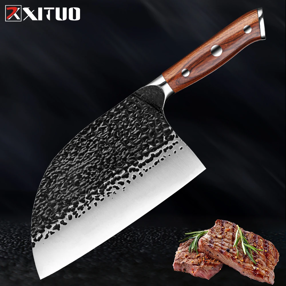 XITUO Butcher Knife 7 Inch Hand Forged High Carbon Steel Chef's Knife Ultra-sharp Kitchen Cleaver knife Ebony Handle Wide Blade