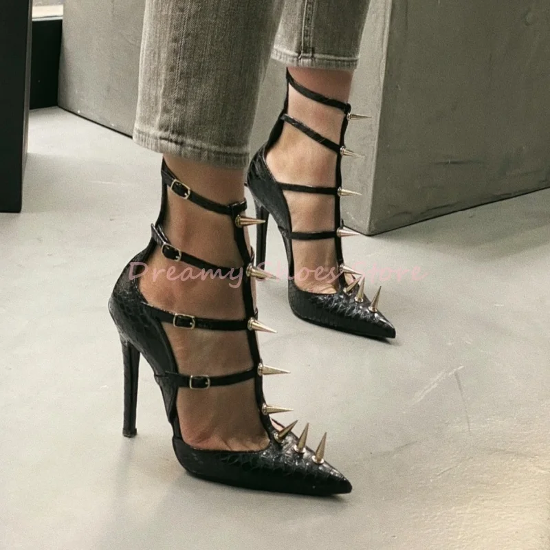

Black T-Tied Rivet Hollow Pointed Stiletto Pumps Women Patent Leather Buckle Strap High Heels Sexy Fashion Party Banquet Shoes